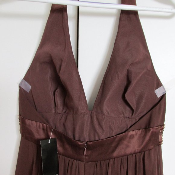 Max&Cleo Mahogany Brown Silk Chiffon Halter Dress NYE Size 10 - Picture 4 of 13